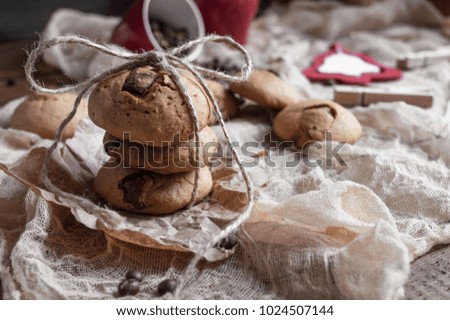 Delicious cookies with pieces of chocolate against the light cloth.