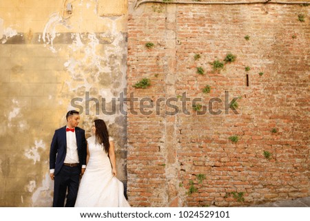 beautiful wedding couple husband in suit and wife in wedding dress posing near the wall