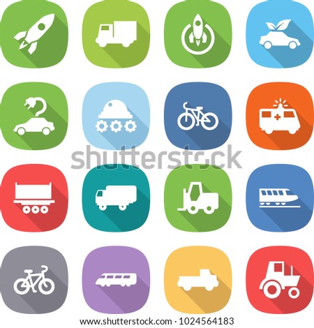 flat vector icon set - rocket vector, truck, eco car, electric, lunar rover, bike, ambulance, shipping, fork loader, train, speed, pickup, tractor