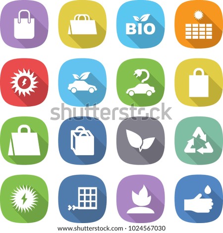 flat vector icon set - shopping bag vector, bio, sun power, eco car, electric, leafs, recycle, solar, panel, sprouting, hand drop