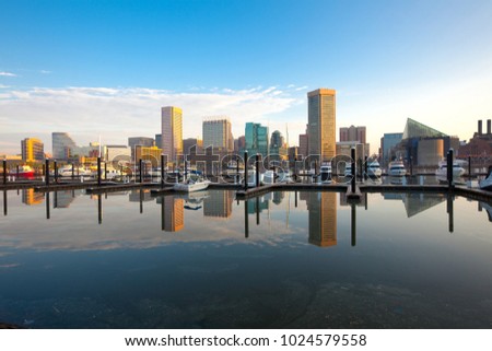 Downtown city skyline, Inner Harbor and marina, Baltimore, Maryland, USA