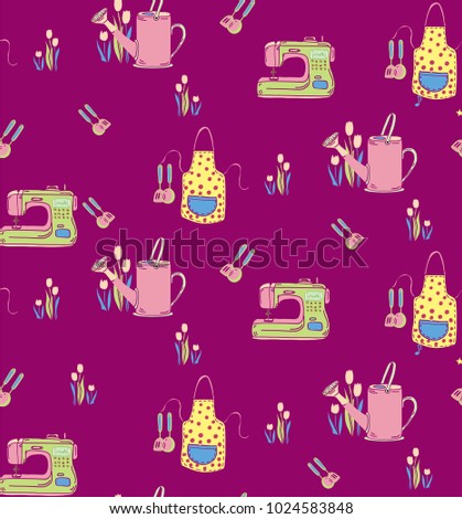 Hand-drawn vector pattern Hobby. Sewing machine, watering can, flowers, apron and cooking tools. Pastel colored, doodle style, seamless print,great for textile, wrapping paper, stationery. 