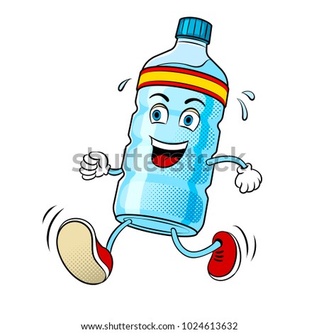 Bottle of water run pop art retro vector illustration. Cartoon character. Isolated image on white background. Comic book style imitation.