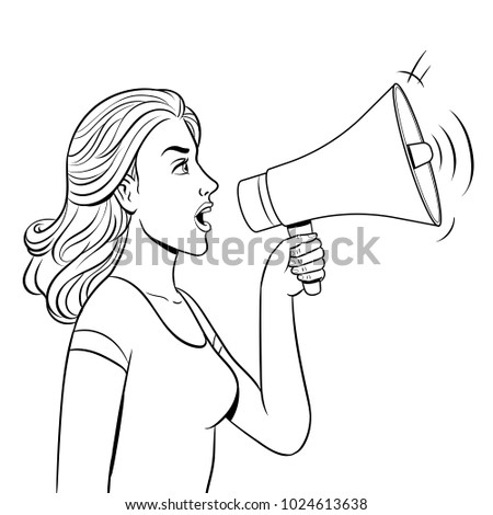 Woman with megaphone coloring vector illustration. Medical procedure. Isolated image on white background. Comic book style imitation.