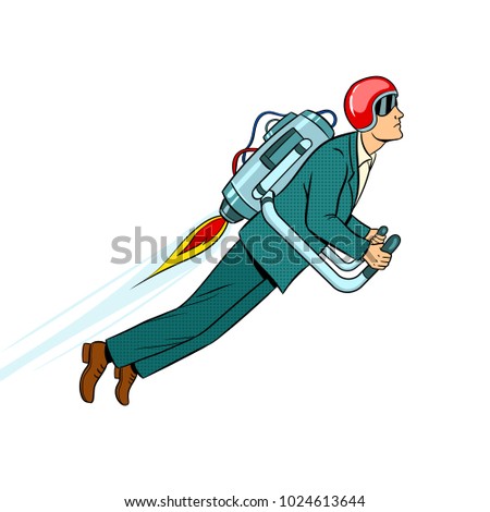 Man flying jet pack pop art style vector illustration. Human illustration. Isolated image on white background. Comic book style imitation. Vintage retro style.