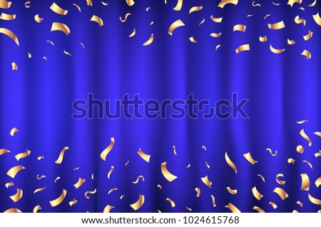 vector blue Curtain gold Confetti Greeting Card, background with Free Space. Luxury, Glamour Design with Shine Sparkles
