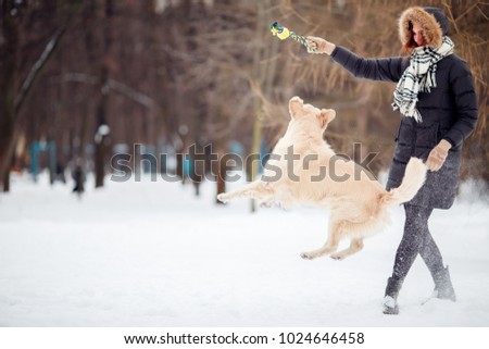 Photo of woman playing with labrador in snowy park