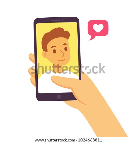 Video call with loved one. Female hand holding smartphone with boyfriend on screen. Online dating, long distance relationship concept. Flat cartoon vector illustration. Royalty-Free Stock Photo #1024668811