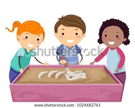 Illustration of Stickman Kids Using a Sensory Table and Brushing a Dinosaur Fossil