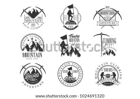 Mountain Climbing Extreme Adventure Tour Black And White Sign Design Templates With Text And Tools Silhouettes