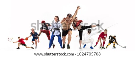 Sport collage about boxing, soccer, american football, basketball, ice hockey, fencing, jogging, taekwondo, tennis. The fit men and women. Caucasian active athletes isolated on white background Royalty-Free Stock Photo #1024705708