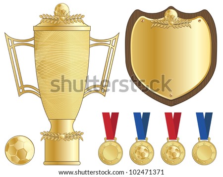 gold football trophy, shield and medals, isolated on white