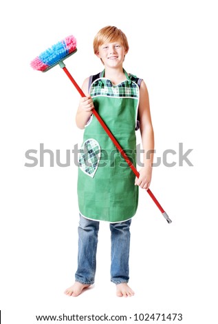 boy with broom isolated on white