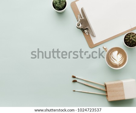 Blogger Pastel Background With Coffee Cup. Flat lay 