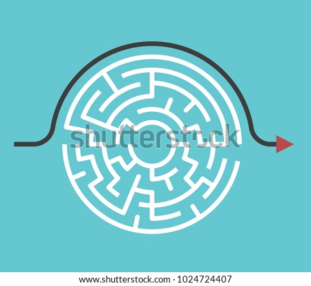Circular maze with entrance and exit and bypass route arrow going around it. Problem and solution concept. Flat design. Vector illustration, no transparency, no gradients Royalty-Free Stock Photo #1024724407