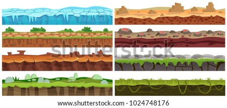 Seamless cartoon vector landscape design set. Ground floor collection for game interface.