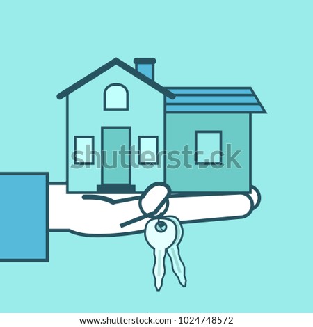 Hand holds house and keys. Real estate agency concept. Sell or rent house. Simple style vector illustration