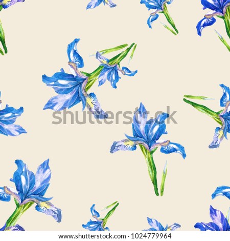 Seamless pattern of irises painted in watercolor.