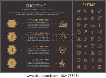 Shopping infographic timeline template, elements and icons. Infograph includes numbered options, line icon set with shopping cart, online store, mobile shop, price tag, retail business, barcode etc.