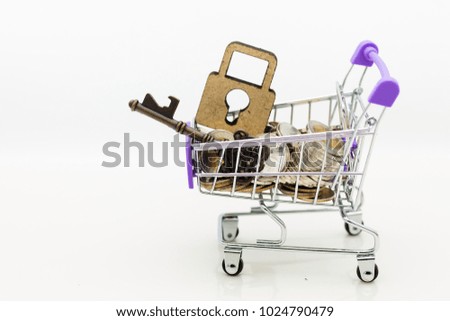 Shopping cart with coins and master key for retail business. Image use for online and offline shopping, marketing place world wide, business concept.