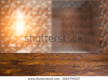 Background with empty wooden table. Flooring. Modern   bathroom.