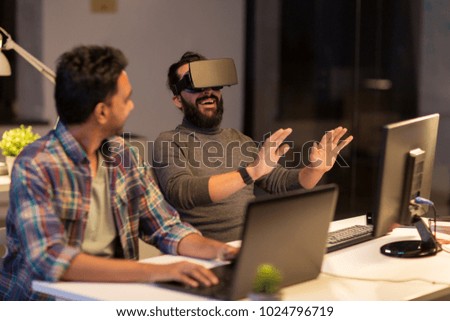 deadline, augmented reality and technology concept - creative man with virtual headset or 3d glasses at office