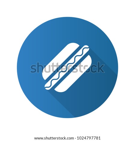 American hot dog flat design long shadow glyph icon. Sausage in dough. Vector silhouette illustration