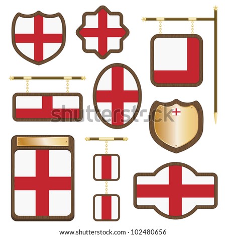 wooden plaques and signs with england flags isolated on white