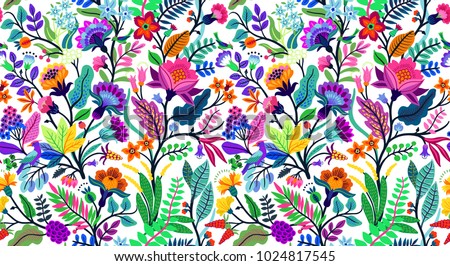 floral pattern with bright colorful flowers and tropic leaves on a white background. The elegant the template for fashion prints. Modern floral background. Trendy Folk style.