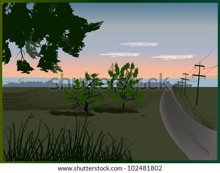 illustration with electric line in field near road