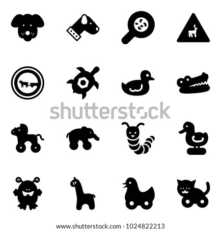 Solid vector icon set - dog vector, bacteria, wild animals road sign, no cart horse, sea turtle, duck toy, crocodile, wheel, elephant, caterpillar, monster, giraffe, cat