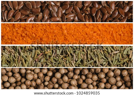 Collage of various spice seeds. Flax and breadcrumbs, rosemary and coriander. Macro photography.