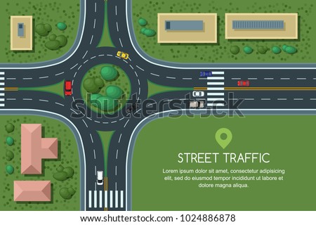 Roundabout road junction and city transport, vector flat illustration. City road, cars, crosswalk, trees and house top view. Street traffic, automobiles and transport design elements. Royalty-Free Stock Photo #1024886878