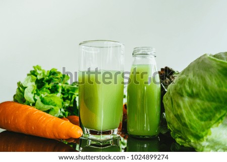 Organic Vegetable juices in glasses bottle for healthy eating and drink concept