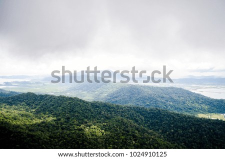 A high and top view of the mountains and landscapes fully covered with trees and plants and water surrounds them and the sky is full with heavy clouds creating fog 