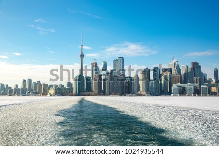 View of Toronto skyline from Ward's Island in the winter season.