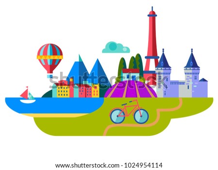  set of vector flat style french landscapes, travel, tourism, vacation, landmarks