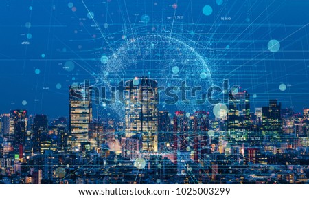 Modern cityscape and communication network concept. Royalty-Free Stock Photo #1025003299