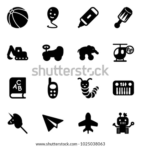 Solid vector icon set - ball vector, balloon smile, marker, beanbag, excavator toy, baby car, elephant wheel, helicopter, abc book, phone, caterpillar, piano, unicorn stick, paper plane, robot