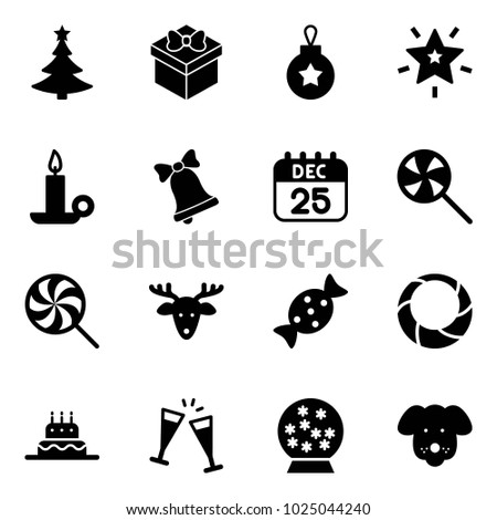 Solid vector icon set - christmas tree vector, gift, ball, star, candle, bell, 25 dec calendar, lollipop, deer, candy, wreath, cake, wine glasses, snowball, dog