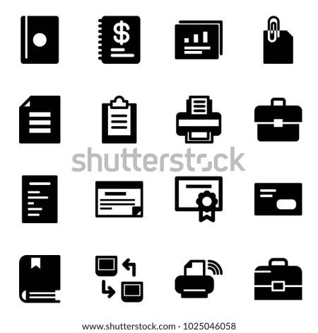Solid vector icon set - passport vector, annual report, statistics, attachment, document, clipboard, printer, portfolio, schedule, certificate, envelope, book, data exchange, wireless, case
