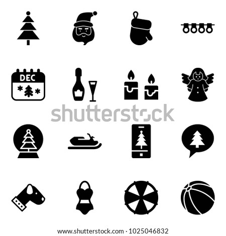 Solid vector icon set - christmas tree vector, santa claus, glove, garland, calendar, wine, candle, angel, snowball, snowmobile, mobile, merry message, dog, swimsuit, parasol, ball