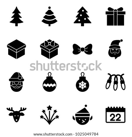 Solid vector icon set - christmas tree vector, gift, bow, santa claus, ball, garland, deer, firework, elf, calendar