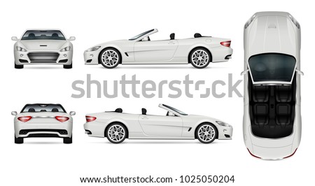 Car vector mock-up. Isolated template of cabriolet car on white. Vehicle branding mockup. Side, front, back, top view. All elements in the groups on separate layers. Easy to edit and recolor. Royalty-Free Stock Photo #1025050204