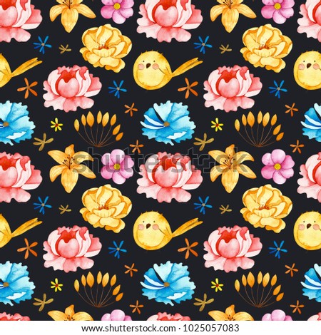 Watercolor flowers seamless pattern. Pattern with colorful flowers and cute bird. Perfect for you postcard design,invitations,projects,wedding card,poster,packaging.