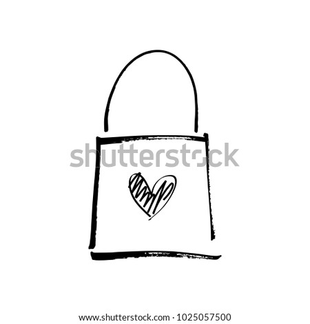 Package, packing, bag. Drawing by hand, ink. Shop love, shopping art, sign, icon. Decor elements, postcard, sticker, card for social networks, poster for printing. Vector, clip art. Isolated. 