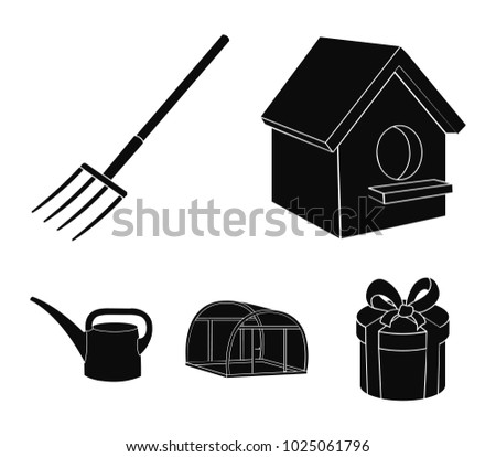 Poultry house, pitchfork, greenhouse, watering can.Farm set collection icons in black style vector symbol stock illustration web.