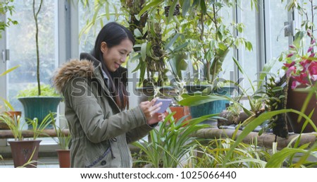 Woman taking photo in green house 