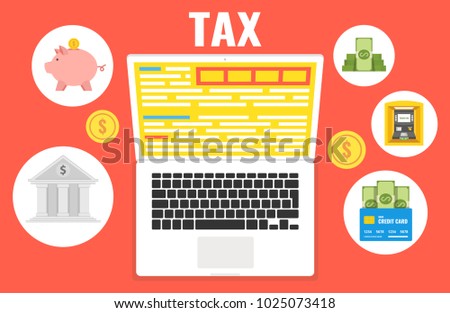 Tax payment. Data analysis, paperwork, financial research report. Calculation tax on the laptop. Finance icons set. Vector illustration.