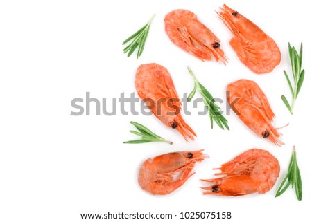 Red cooked prawn or shrimp with rosemary isolated on white background with copy space for your text. Top view. Flat lay